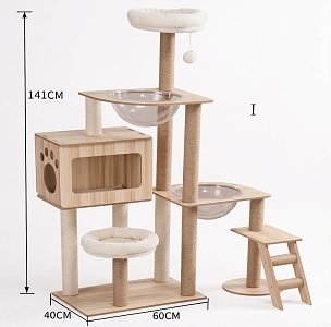 Ξύλινο Πολυεπίπεδο Ονυχοδρόμιο Γάτας 141cm με Σπιτάκι, Σκάλα & Διάφανες Φωλιές (60x40x141cm)